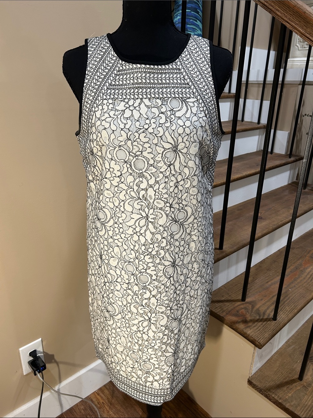 LOFT  4 Cream and Black Lace-Overlay Midi Sheath Dress LN